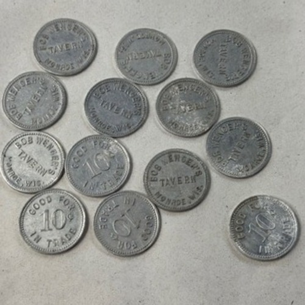 13 Vintage Bob‎ Wenger's Tavern Monroe Wisconsin 10 Cent Trade Tokens Aluminum